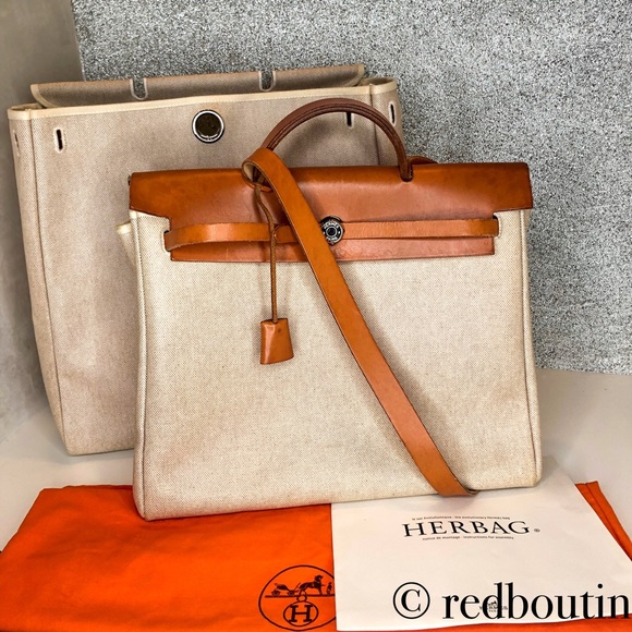 Hermes Handbags - HERMES Natural Toile/Tan Leather Herbag MM 2-in-1